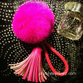 Couro Tassel pingente coelho Pom Pom bola Keyring para mulher